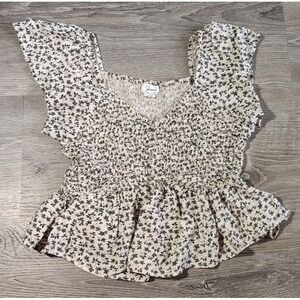Japna Smocked Peplum Top M V-Neck‎ Flutter Sleeve Ditsy Floral Boho Blouse